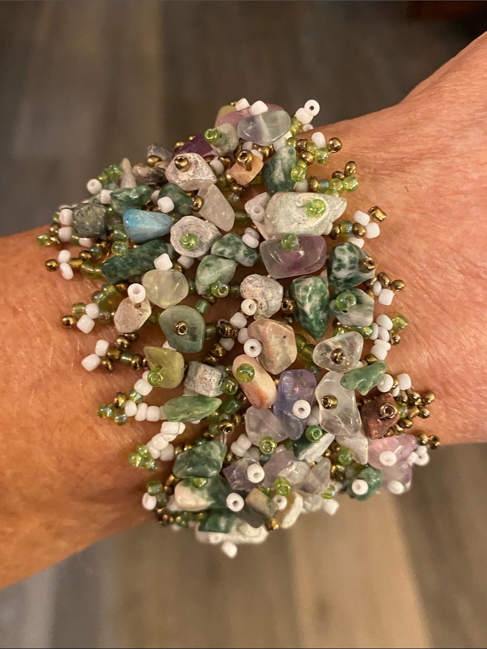 Artisan Multi Gemstone Chip Beaded Cuff Bracelet Adjustable 6–7”